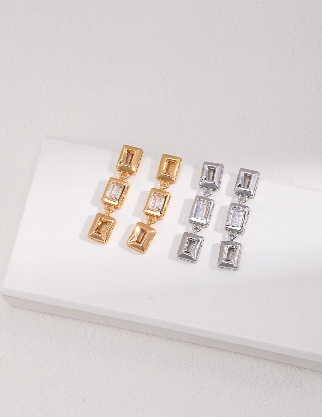 Cubic Zircon Rectangular Dangle Earrings