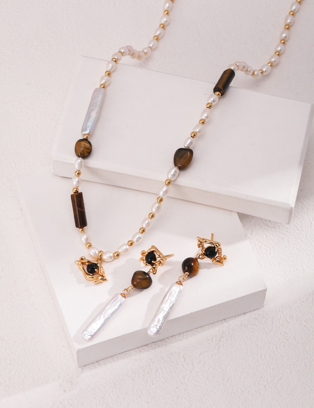 Tiger Eye Stone Long Baroque Pearl Earrings