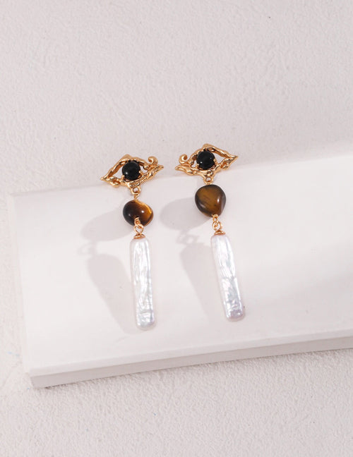 Tiger Eye Stone Long Baroque Pearl Earrings