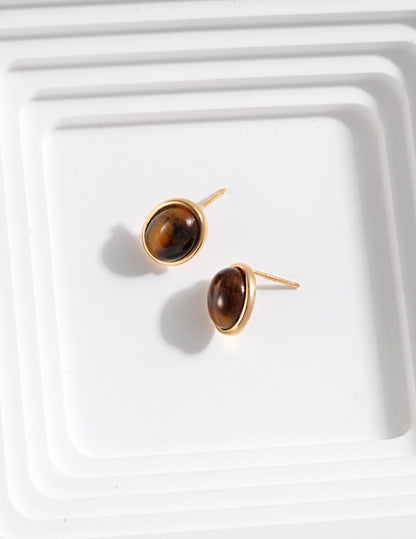 Oval Tiger Eye Stone Stud Earrings