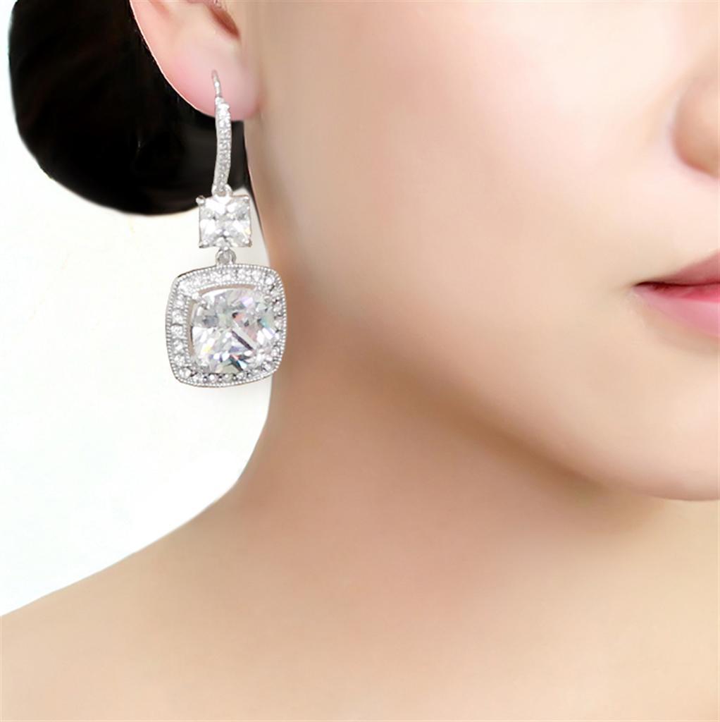 Square-Shaped Rhodium Brass Dangly Earrings with AAA Grade Crystal Centres