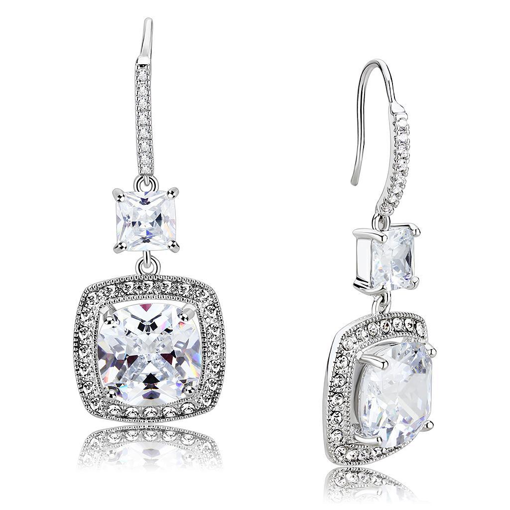 Square-Shaped Rhodium Brass Dangly Earrings with AAA Grade Crystal Centres