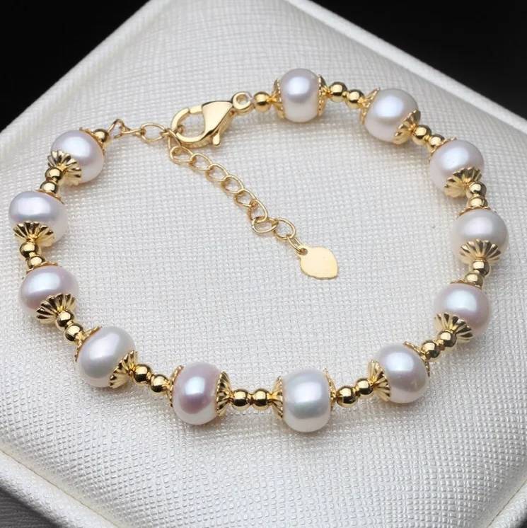 Genuine Freshwater White Pearl Bracelet in Gold