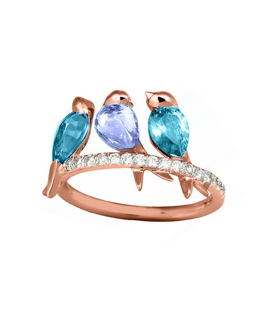 Three Little Birdys With Austrian Crystals Blue in 18K Rose Gold Plate