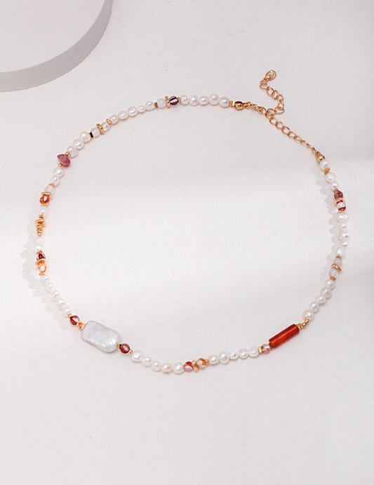 Strawberry Quartz With Baroque Pearl Necklace