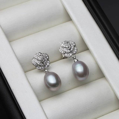 Genuine Freshwater Pearl & Simulated Diamond Floral Drop Earrings