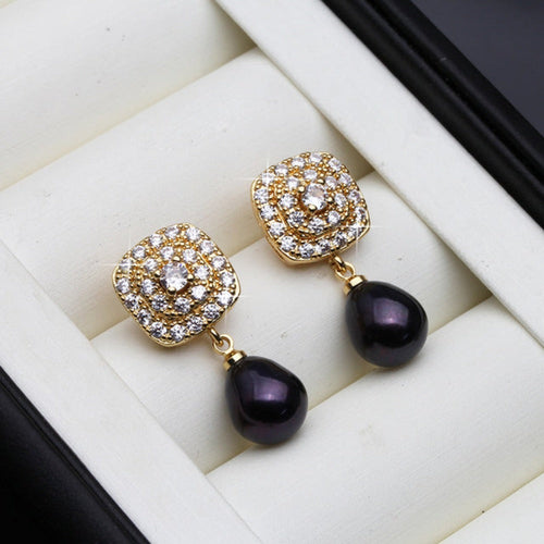 Genuine Freshwater Pearl & Simulated Diamond Drop Earrings in Gold