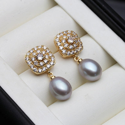 Genuine Freshwater Pearl & Simulated Diamond Drop Earrings in Gold