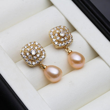 Genuine Freshwater Pearl & Simulated Diamond Drop Earrings in Gold