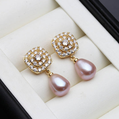 Genuine Freshwater Pearl & Simulated Diamond Drop Earrings in Gold