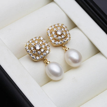 Genuine Freshwater Pearl & Simulated Diamond Drop Earrings in Gold