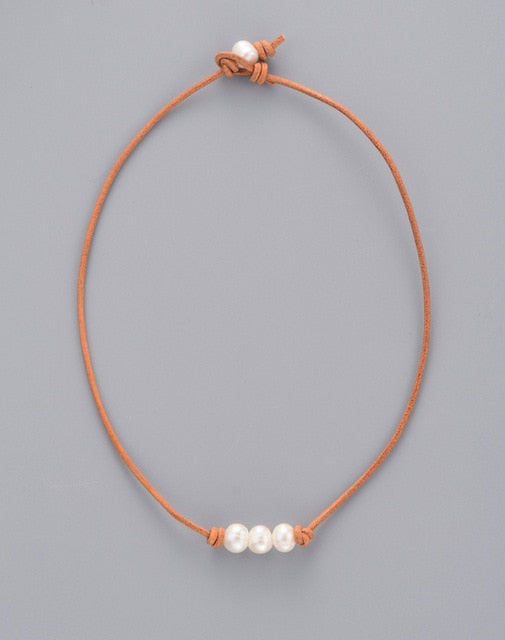 Exclusive Freshwater Pearls Natural Leather Choker