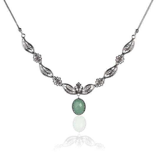 Filigree Art Aqua Chalcedony Gemstone Women Silver Princess Necklace