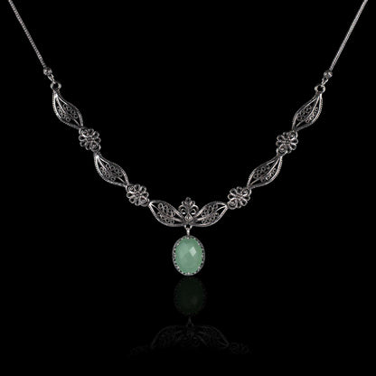 Filigree Art Aqua Chalcedony Gemstone Women Silver Princess Necklace