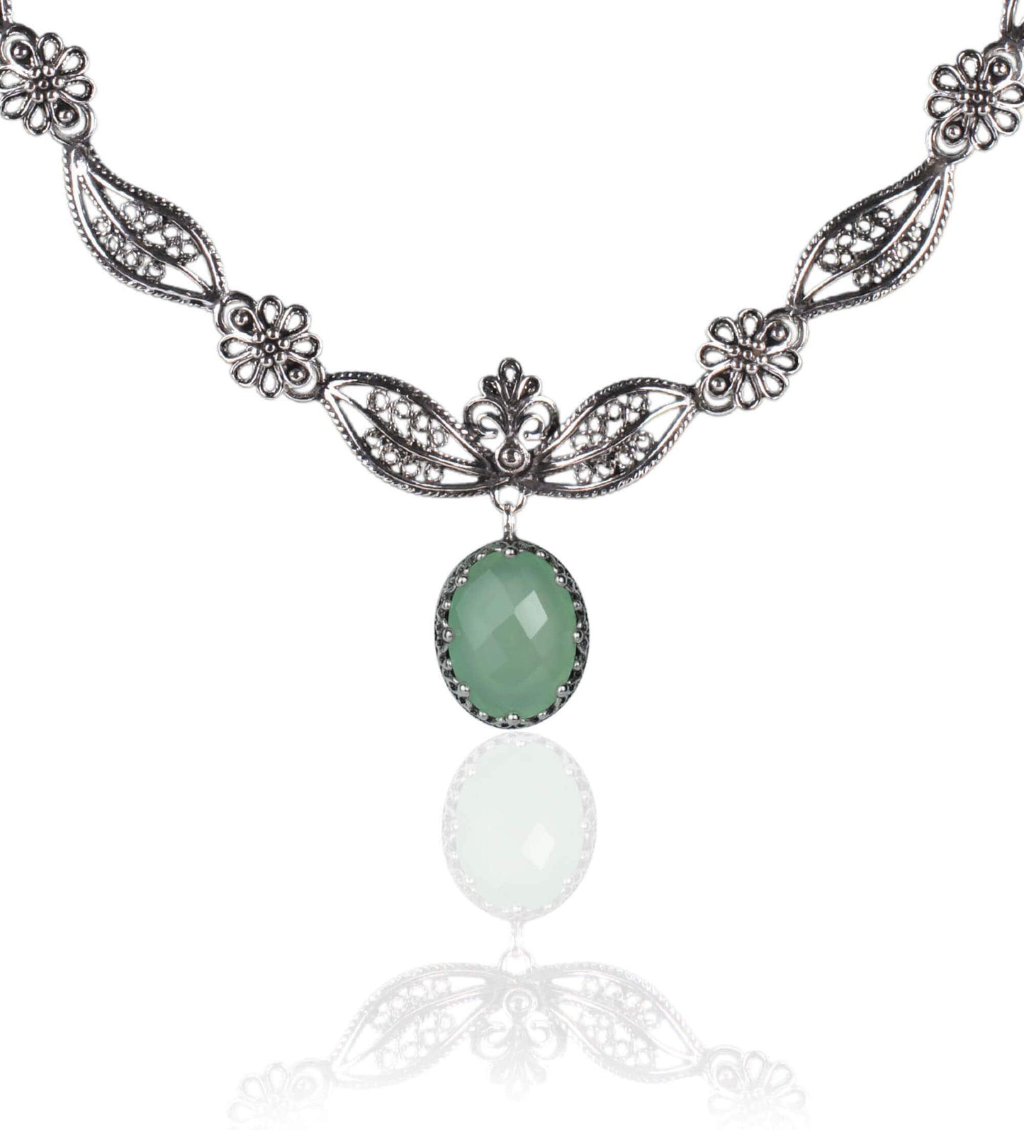 Filigree Art Aqua Chalcedony Gemstone Women Silver Princess Necklace