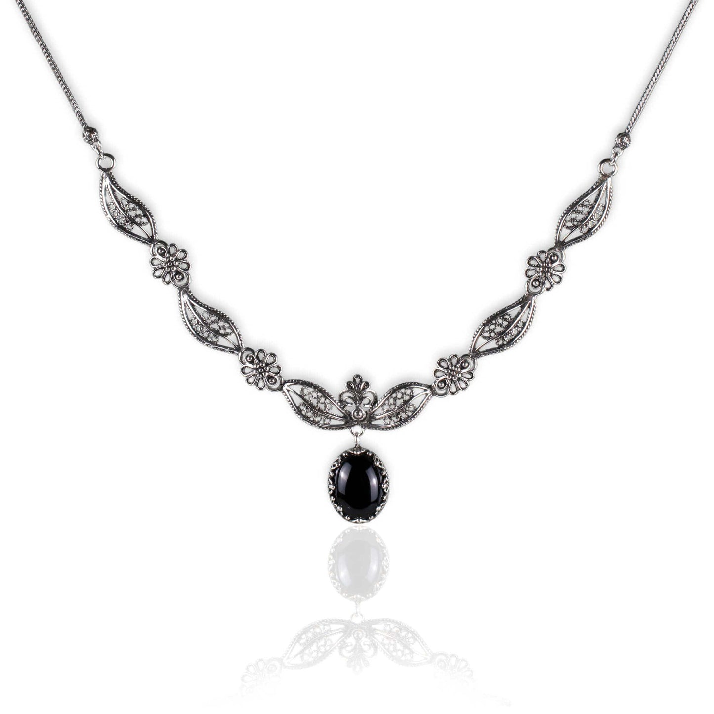 Filigree Art Black Onyx Gemstone Women Silver Princess Necklace