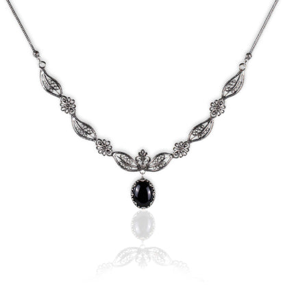 Filigree Art Black Onyx Gemstone Women Silver Princess Necklace