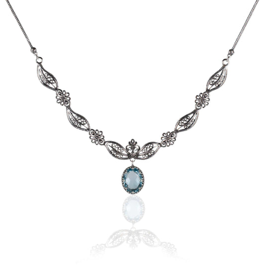 Filigree Art Blue Topaz Gemstone Women Silver Princess Necklace