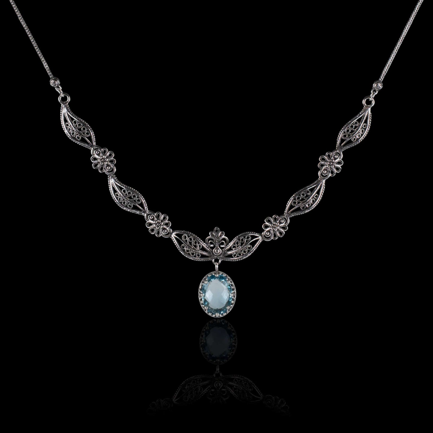 Filigree Art Blue Topaz Gemstone Women Silver Princess Necklace