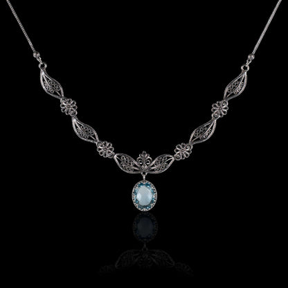 Filigree Art Blue Topaz Gemstone Women Silver Princess Necklace