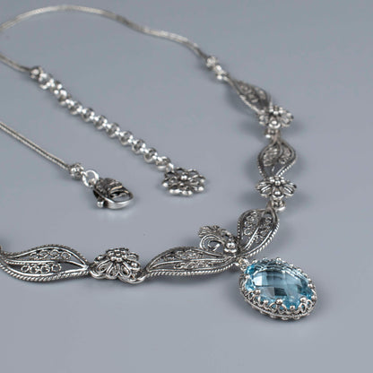 Filigree Art Blue Topaz Gemstone Women Silver Princess Necklace