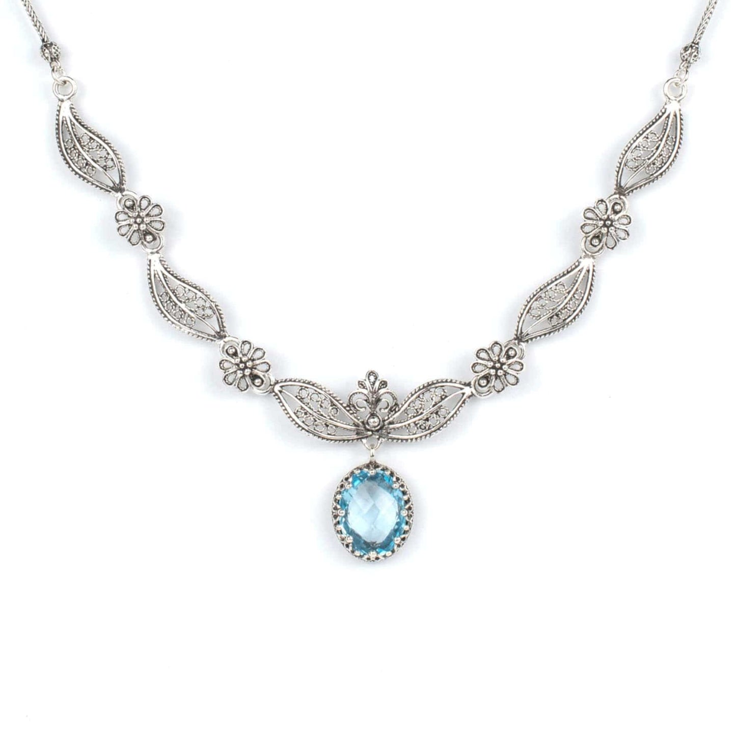 Filigree Art Blue Topaz Gemstone Women Silver Princess Necklace