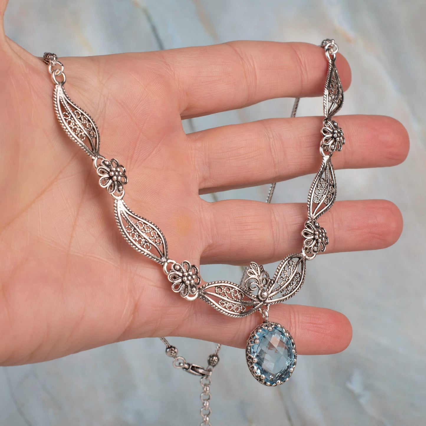 Filigree Art Blue Topaz Gemstone Women Silver Princess Necklace