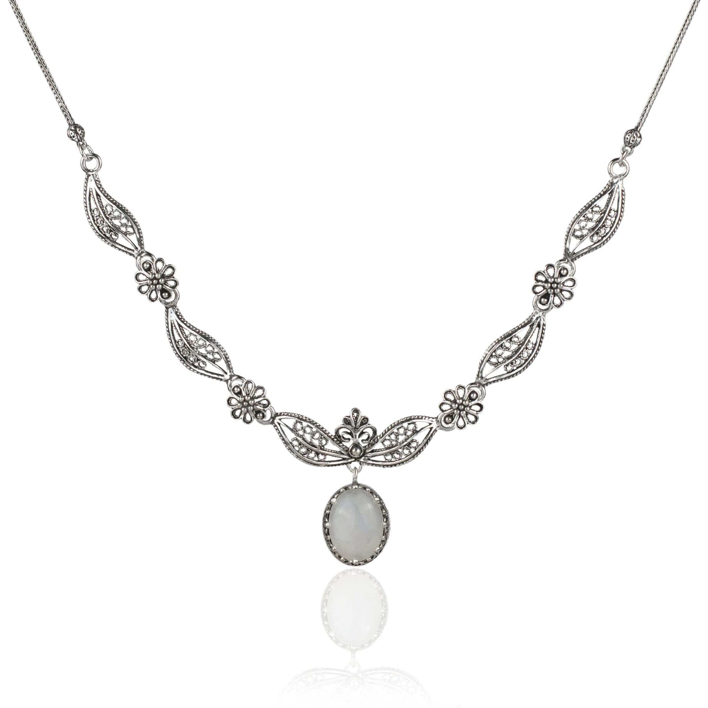 Filigree Art Gray Moonstone Gemstone Women Silver Princess Necklace