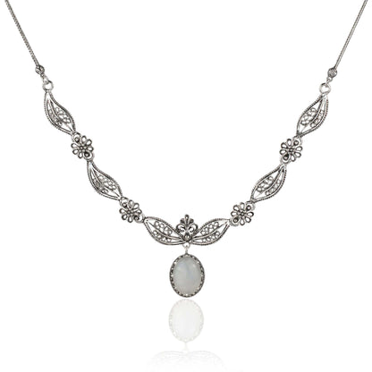 Filigree Art Gray Moonstone Gemstone Women Silver Princess Necklace