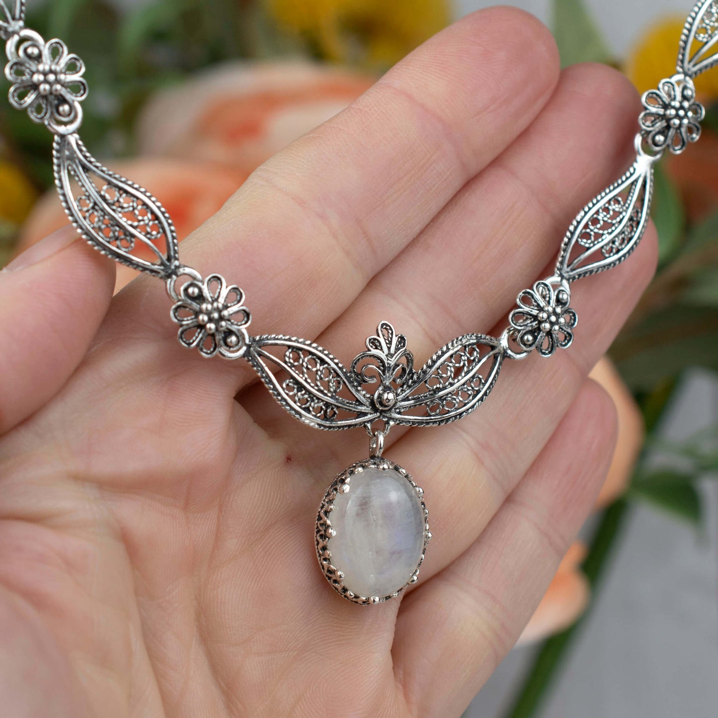 Filigree Art Gray Moonstone Gemstone Women Silver Princess Necklace