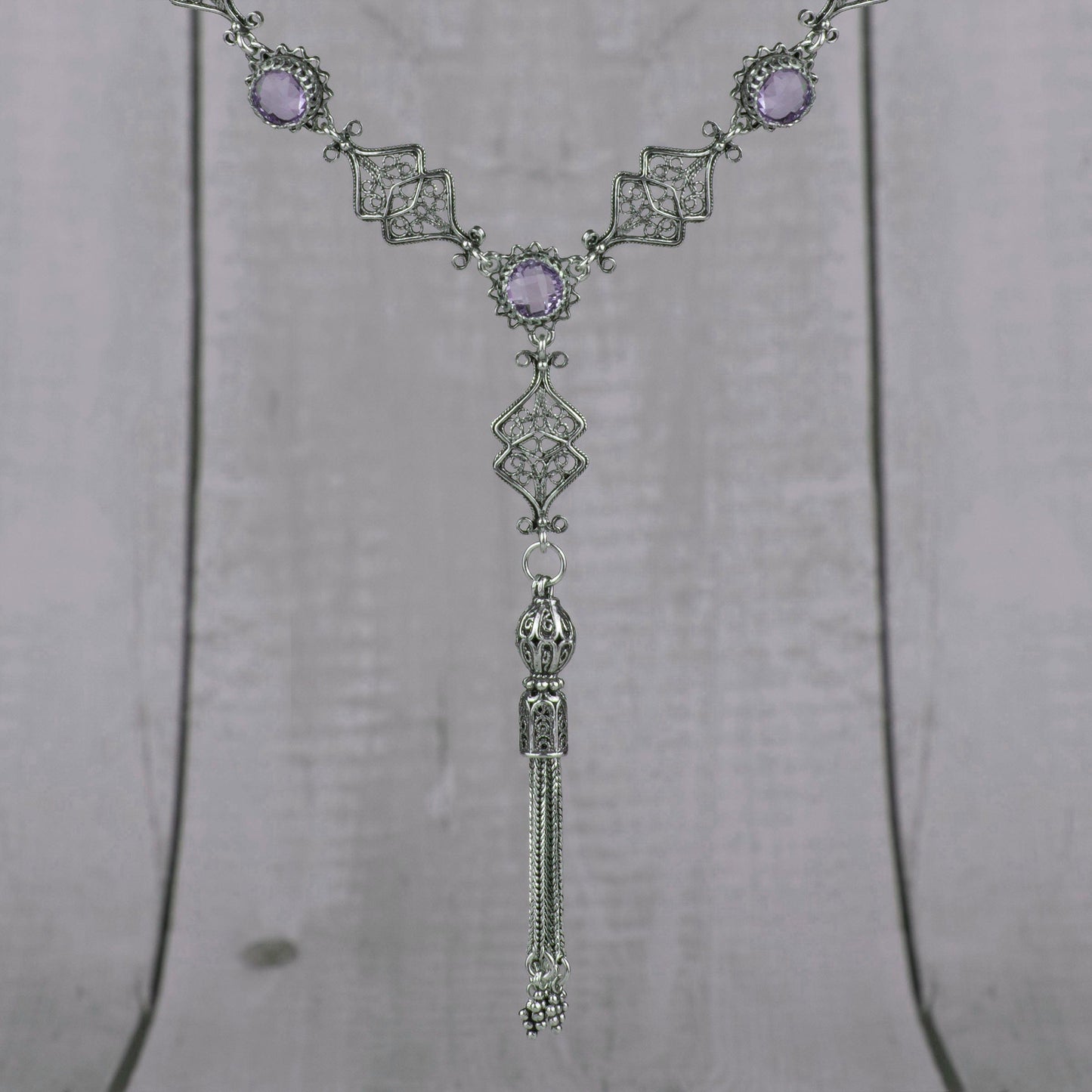 Filigree Art Amethyst / Blue Topaz Gemstone Women Silver Tassel Choker