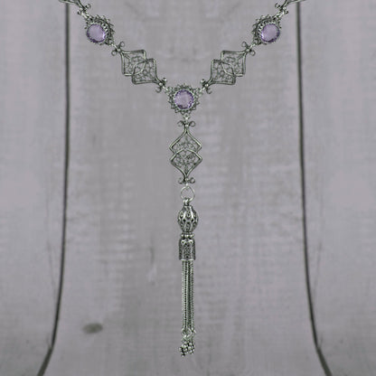 Filigree Art Amethyst / Blue Topaz Gemstone Women Silver Tassel Choker