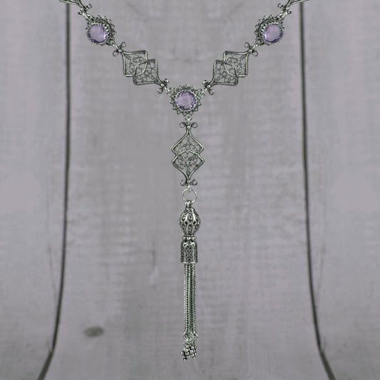 Filigree Art Amethyst / Blue Topaz Gemstone Women Silver Tassel Choker