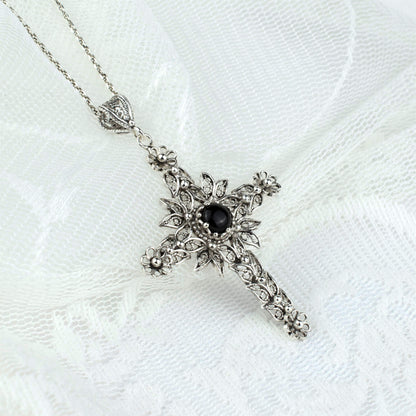 Filigree Art Black Onyx Gemstone Women Silver Cross Pendant Necklace