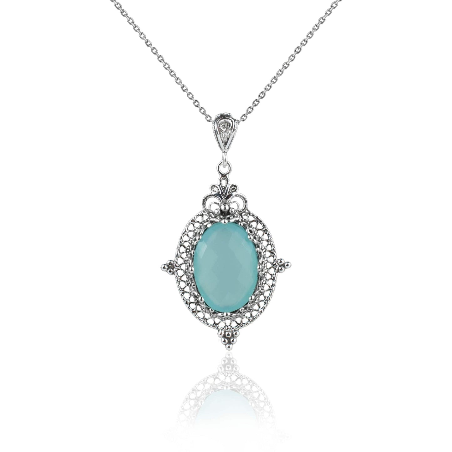 Filigree Art Aqua Chalcedony Gemstone Women Silver Oval Pendant