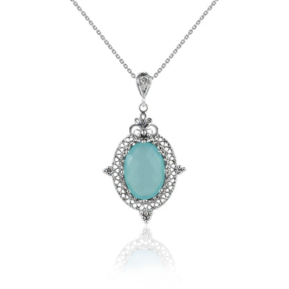 Filigree Art Aqua Chalcedony Gemstone Women Silver Oval Pendant