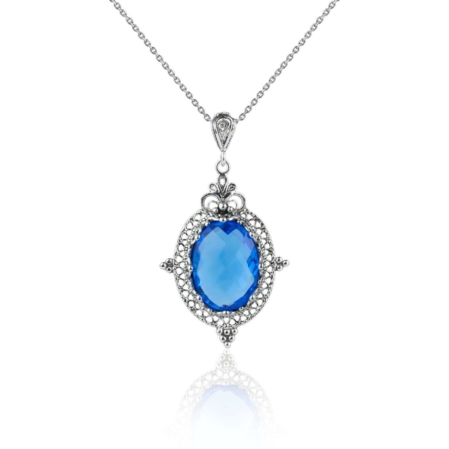 Filigree Art Blue Quartz Gemstone Women Silver Oval Pendant Necklace