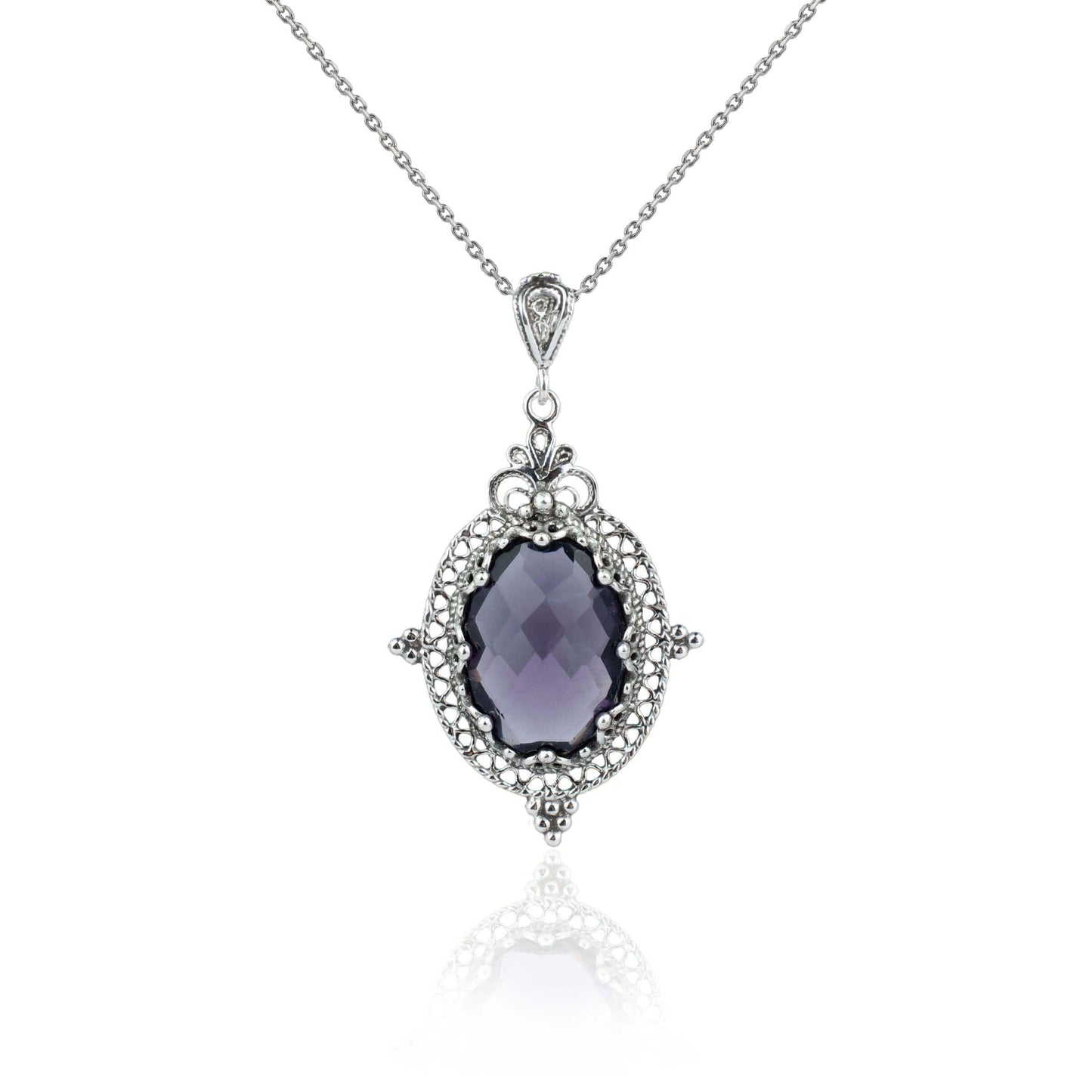 Filigree Art Amethyst Gemstone Women Silver Oval Pendant Necklace