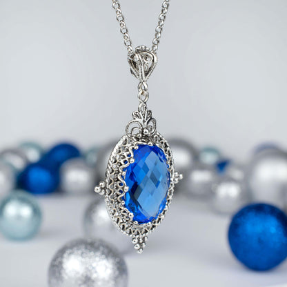 Filigree Art Blue Quartz Gemstone Women Silver Oval Pendant Necklace