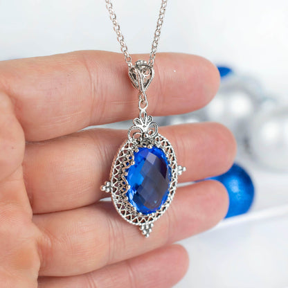 Filigree Art Blue Quartz Gemstone Women Silver Oval Pendant Necklace