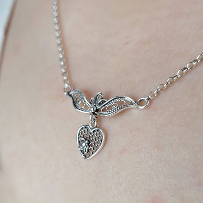 Filigree Art Bee On The Heart Women Silver Choker Necklace