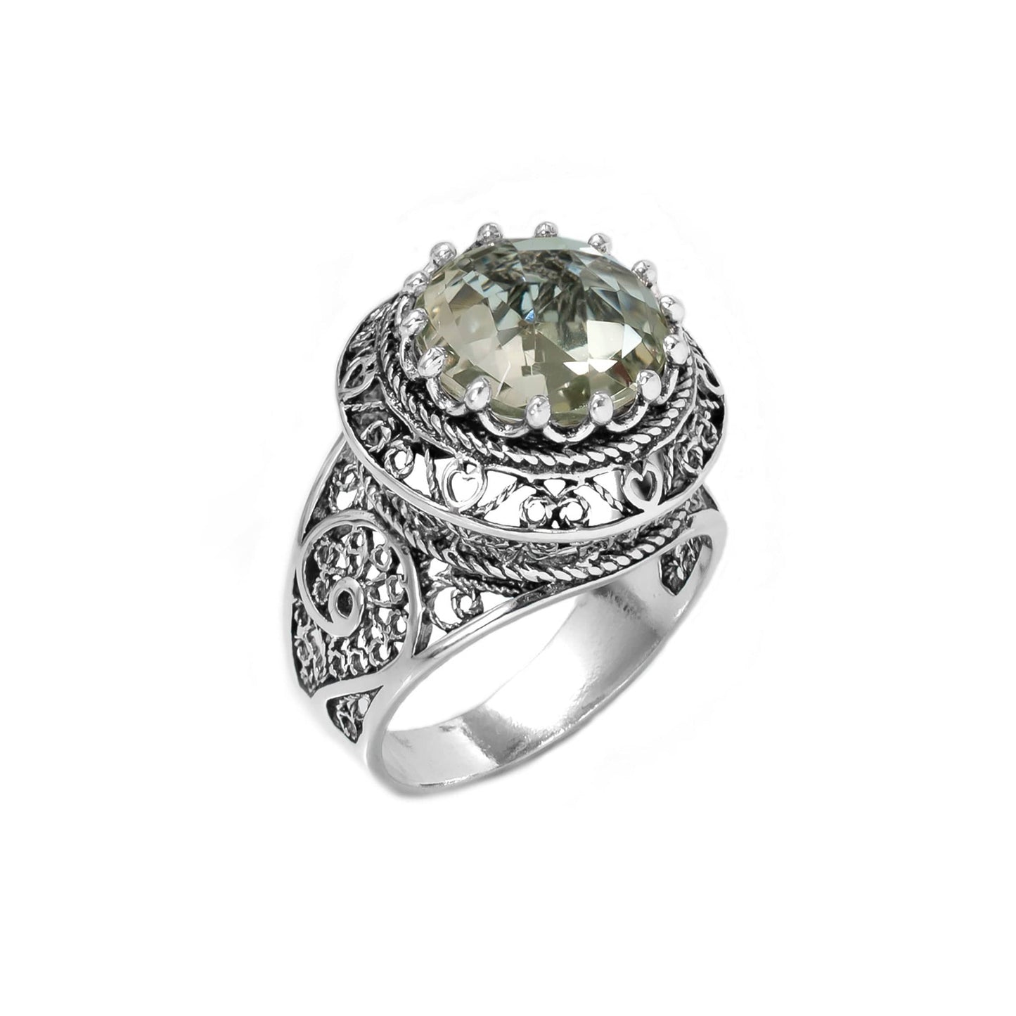 Filigree Art Prasiolite Gemstone Woman Silver Statement Ring