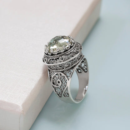 Filigree Art Prasiolite Gemstone Woman Silver Statement Ring