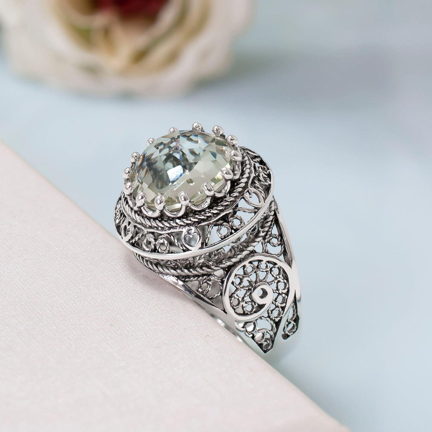 Filigree Art Prasiolite Gemstone Woman Silver Statement Ring