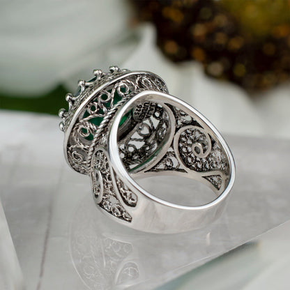 Filigree Art Prasiolite Gemstone Woman Silver Statement Ring