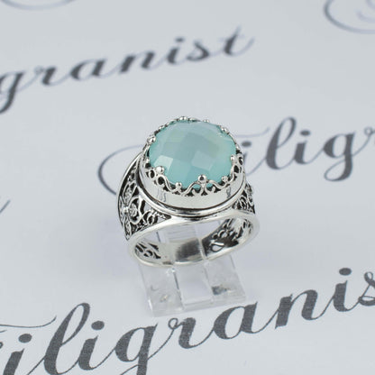 Filigree Art Aqua Chalcedony Gemstone Women Crown Silver Statement