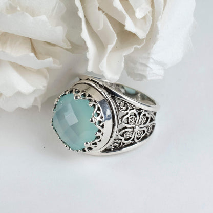 Filigree Art Aqua Chalcedony Gemstone Women Crown Silver Statement