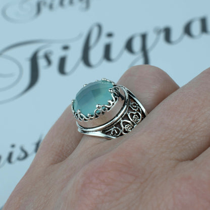 Filigree Art Aqua Chalcedony Gemstone Women Crown Silver Statement