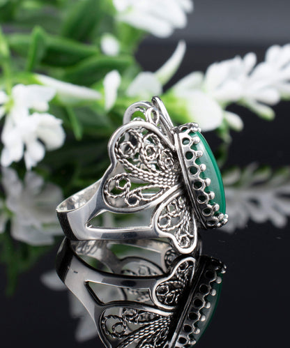 Filigree Art Malachite Gemstone Butterfly Design Women Silver Cocktail