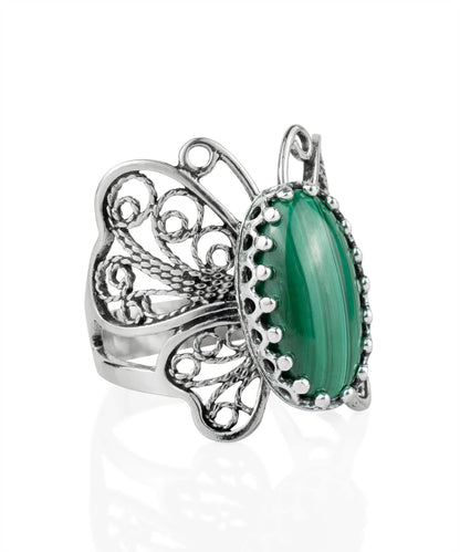 Filigree Art Malachite Gemstone Butterfly Design Women Silver Cocktail